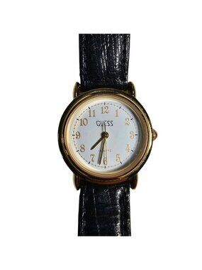 Guess Vintage Women's Gold-Tone Watch with Black Leather Strap & White Dial